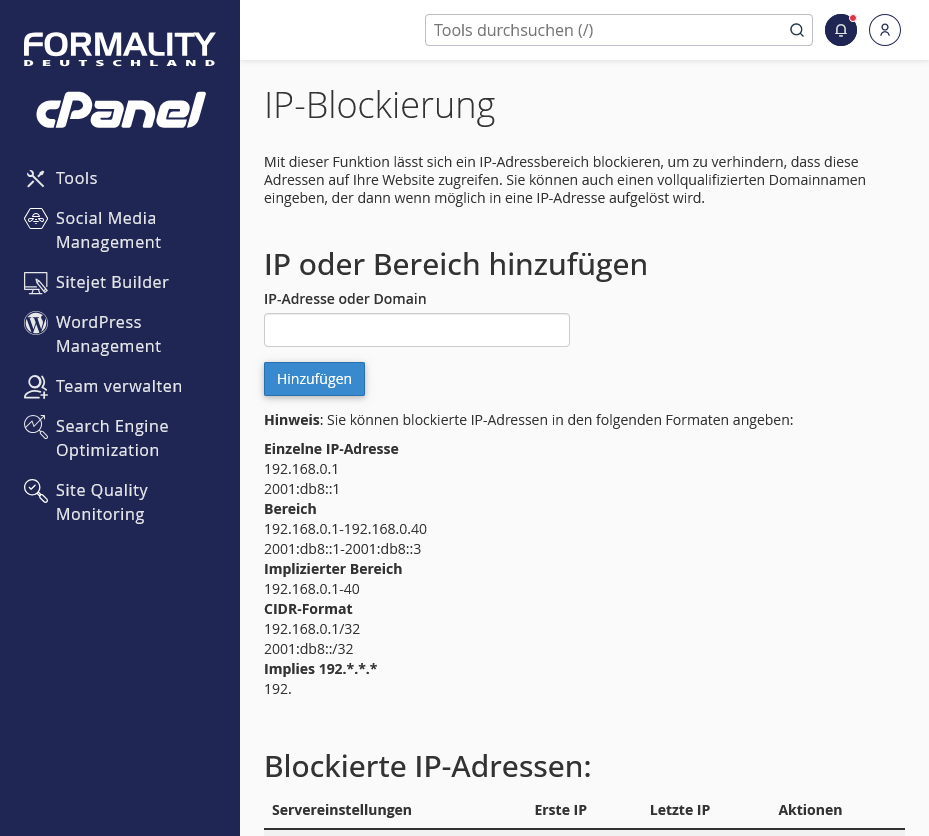 Im Feld „IP-Adresse oder Domain“ können Sie den Störenfried eintragen.