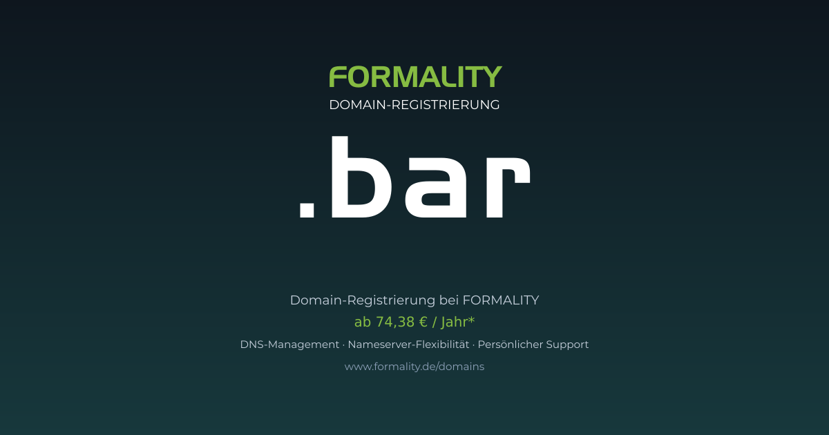 .bar-Domain prüfen & registrieren ab 74,38 €/Jahr | FORMALITY
